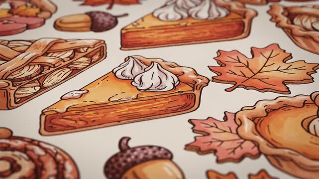 Festive Autumn Delights: Pie, Cinnamon Rolls, Leaves, and Acorns Pattern Illustration