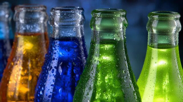505Close-up of colorful soft drink bottles lined up in a row, each bottle featuring a different vibrant color, glossy glass surfaces reflecting light, condensation droplets visible, f
