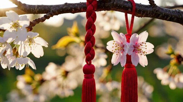 Red martenitsa tassels hanging on cherry blossom tree branch