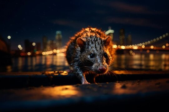 Front view of a sewer rat with a big city in the background
