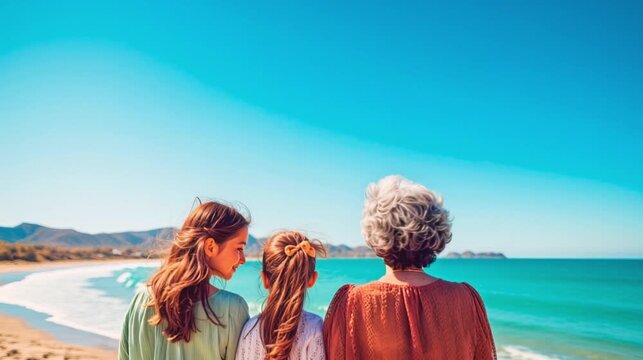 Grandmother, mother and granddaughter looking at the ocean on a clear spring day