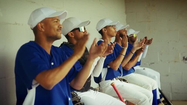 Baseball team applauds from the dugout bench