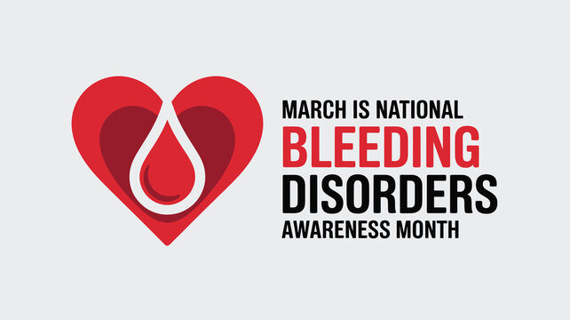 March is National Bleeding Disorders Awareness Month Poster with Red Heart and Blood Drop Icon for Hemophilia Healthcare and Medical Education