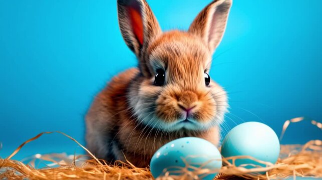 Little rabbit surrounded by easter eggs on a light blue background