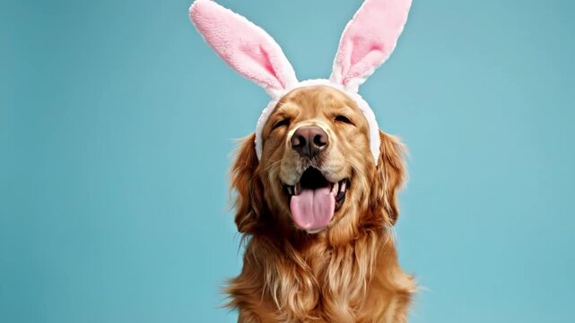 Happy golden retriever dog wearing pink bunny ears
