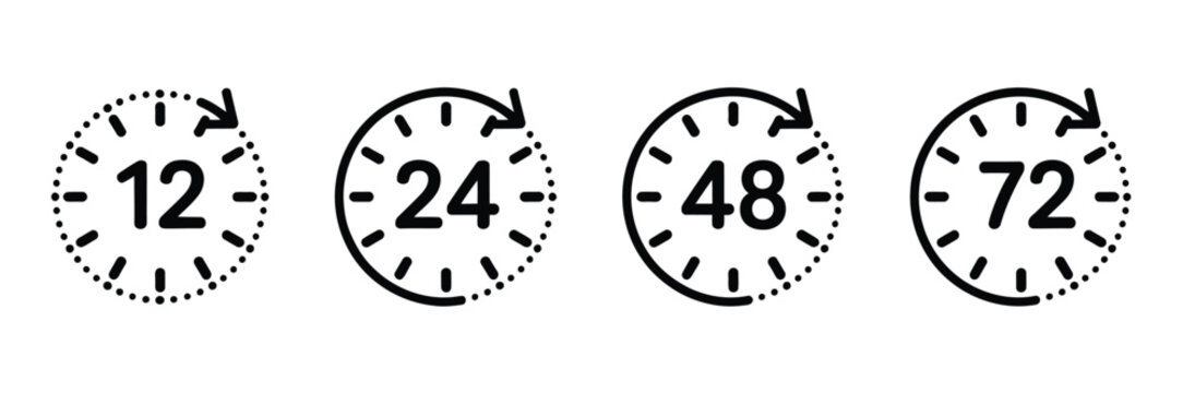 Hours Clock Arrow Icon Illustration, vector showing 12 24 48 72 hour delivery times for special offers, work schedule, and service concept design.