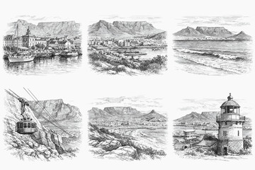 Fototapeta premium Vintage Coastal Landscapes, Mountain Views and Scenic Travel Hand-Drawn Sketch Illustration Set