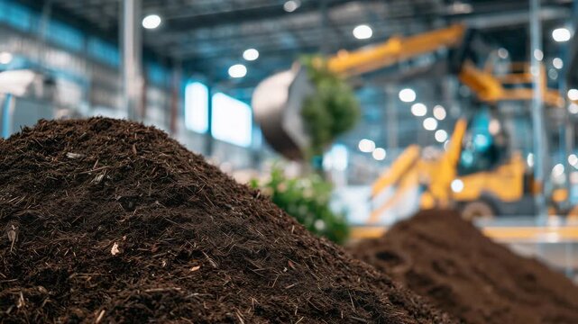532Macro perspective of compost piles inside a spacious indoor processing plant, shredded leaves, food scraps, and soil visible, ambient overhead lights reflecting softly, industrial