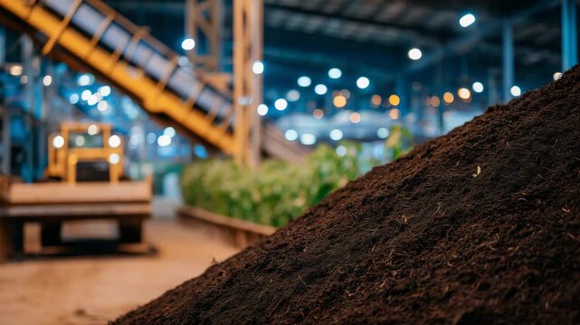 537Detailed view of a large pile of organic material in indoor composting plant, close-up textures of decomposing matter, warm artificial lighting highlights surface, machinery and wo