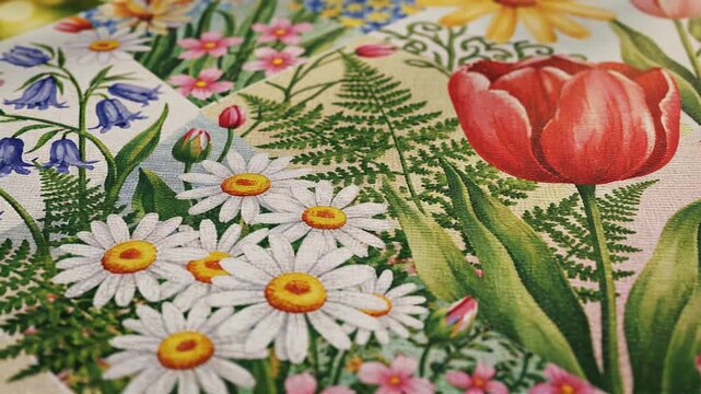 Floral Fabric Design with Tulips, Daisies, Bluebells and Ferns Macro Shot Pattern