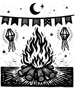 Sao Joao Festival Woodcut-xylograph Illustration with Bonfire and Pennant Flags