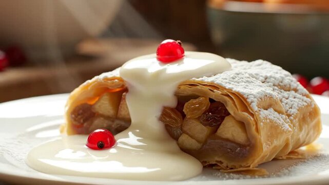 Delicious apple strudel dessert with white icing and cranberries on a plate, steaming hot in a cozy kitchen background, perfect for culinary promotions