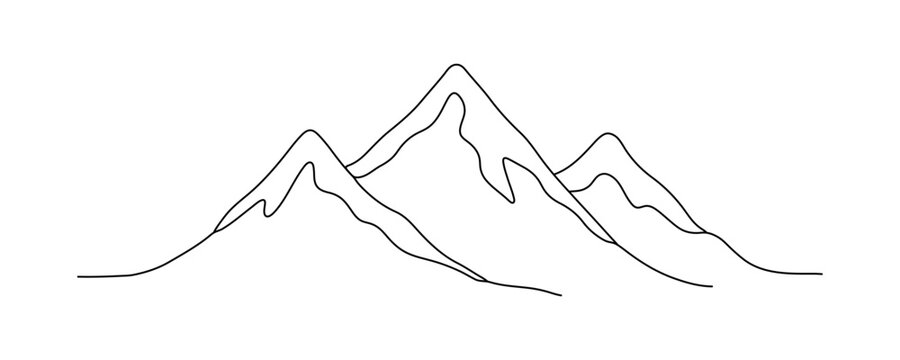 WebMountains drawn with a single continuous line. Single-line drawing, symbol of travel, snow, and mountain beauty, vector illustration.