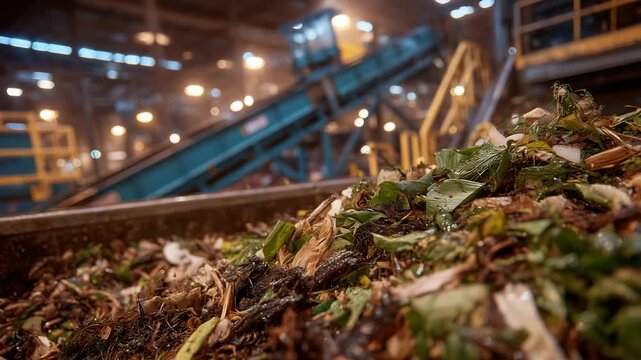 550Close-up of decomposing organic material in indoor compost facility, layered textures of leaves, peels, and plant waste, ambient industrial lighting, blurred machinery and conveyor
