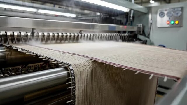 Medium shot of a stenter frame finely adjusting narrow fabric width fabric pinned tightly as hot air ensures precise stretching for uniform textile production.