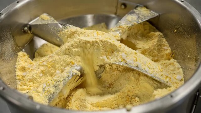 Medium shot capturing the mixing process of a lemonade powder blend in a ribbon blender emphasizing the combination of citric acids sugars and zest for refreshing taste.