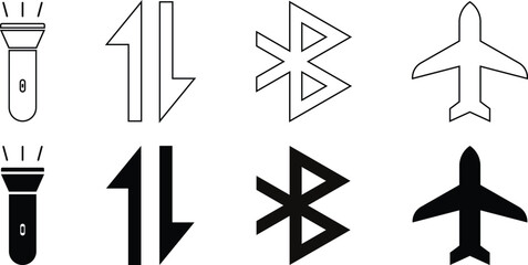 mobile icon set, collection of solid icons containing  airplane mode, bluetooth and torch light etc. © Umer