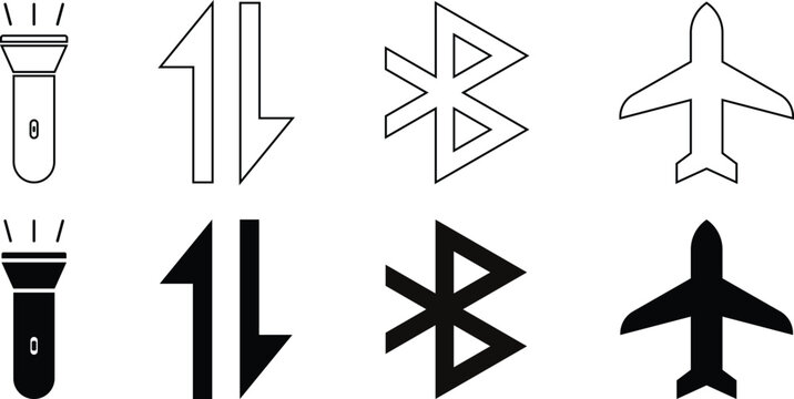 mobile icon set, collection of solid icons containing  airplane mode, bluetooth and torch light etc.