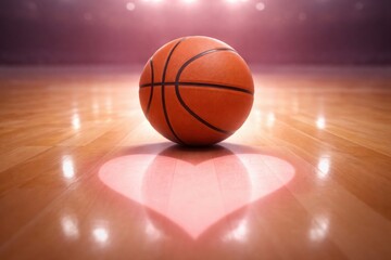 Obraz premium Basketball on court with a heart shape reflection below.