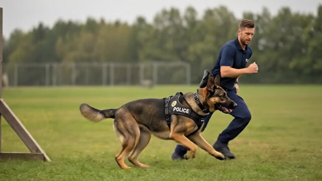 Police dog jumping over a wooden fence during training
