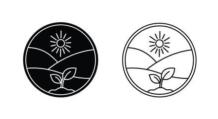 Circular design with sun landscape and sprout black and white silhouette
