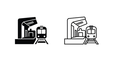Two train station icons one filled and one outlined in a simple silhouette © SHM707k