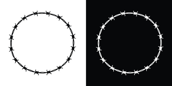 Barbed wire round frame border silhouette, security protection wire vector illustration