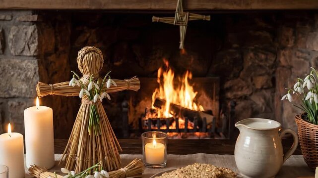 Low key home Imbolc altar placed on fireplace mantle. Traditional Brigid's cross amulet background, burning fire, candles, straw doll, snowdrops, complete this warming Imbolc altar scene.