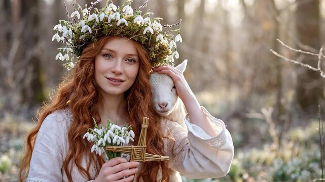 Smiling Brigit goddess lamb scene with red haired woman, flower crown, small lamb. Imbolc Brigit goddess lamb portrayal includes white snowdrop flowers, symbolizing spring renewal.