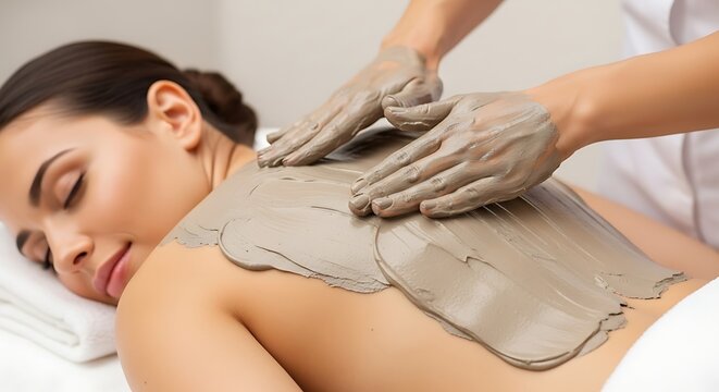 Woman receiving mud mask treatment on her back. Spa therapist applying therapeutic clay pack for skin detoxification and relaxation. Wellbeing concept.