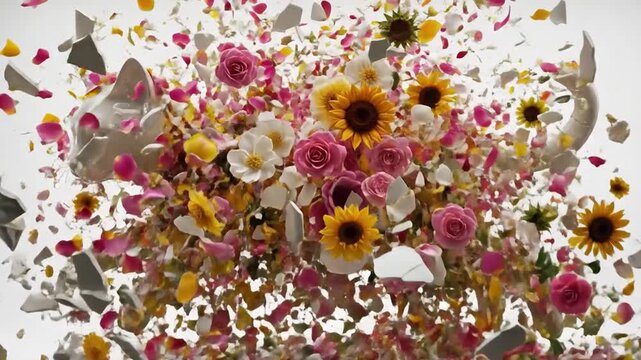 Porcelain Cat Shattering Into Flower Petals Slow Motion Explosion