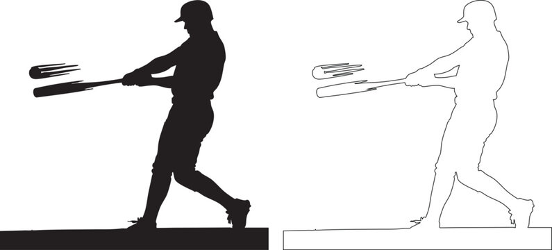 Silhouettes of baseball player swinging bat in black and white