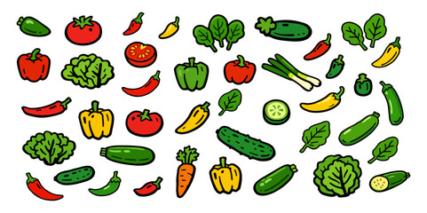 Collection of colorful hand-drawn vegetable doodles including tomato, pepper, cucumber, and lettuce on a white background.