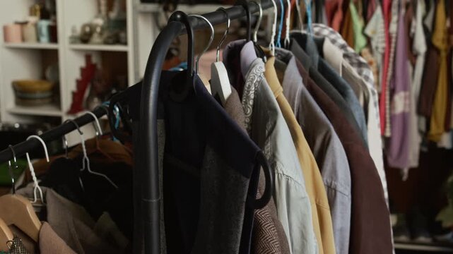 Medium shot of assorted preowned menswear garments arranged in row on hangers in second hand outlet, featuring dusty old jackets, coats, vests, sustainable eco-conscious vibe