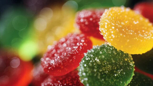 600Extreme close-up of bright gummy candies, yellow, red, and green sugar-coated pieces, sparkling sugar texture, glossy round shapes stacked together, vibrant and delicious candy com