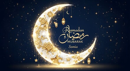 Elegant ramadan kareem greeting with a golden crescent moon and ornate calligraphy against a starry night sky