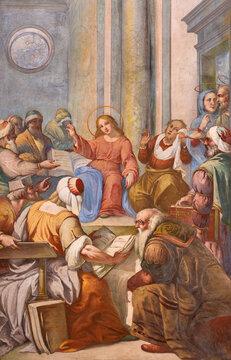 BUSTO ARSIZIO, ITALY - JANUARY 19, 2026: The fresco of Twelve Jesus in the Temple in the church Basilica di San GIovanni Battista probably by Francesco Maria Bianchi  (1727).