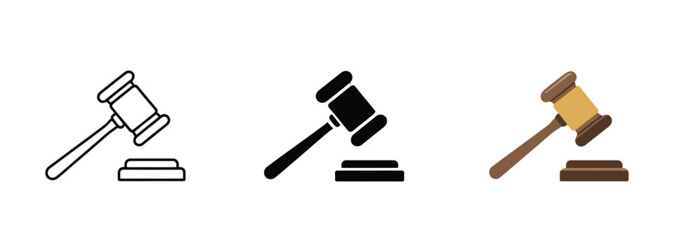 Judicial Gavel Icon Illustration, vector artwork of gavel and sound block representing legal authority, justice system, courtroom rulings, and law enforcement for UI and design.