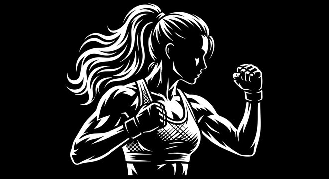 Female boxer silhouette holding a clenched fist in a ready fighting pose on a black background.