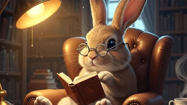 Rabbit wearing glasses reading a book in a library setting