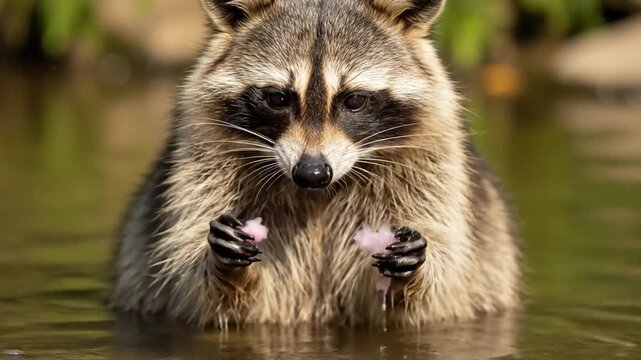 Raccoon trying to wash cotton candy that dissolves in water