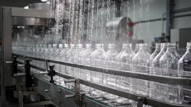 Empty containers travel through hot water jets in an automated tunnel highlighting thorough washing and heat sanitation process prior to product filling.