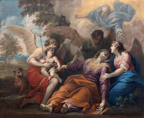 Naklejka premium BUSTO ARSIZIO, ITALY - JANUARY 19, 2026: The painting of Death of St. Eizabeth mother of St. John the Baptist in the church Basilica di San GIovanni Battista by Salvatore Bianchi (1653 – 1727).