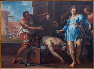 Fotobehang Jezus Christus BUSTO ARSIZIO, ITALY - JANUARY 19, 2026: The painting of Hedodias and Salome with the head of St. John the Baptist in the church Basilica di San GIovanni Battista by unknown artist of 16. - 17. cent.   © Renáta Sedmáková