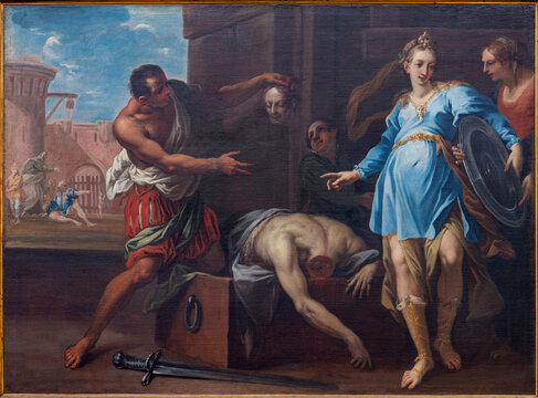 BUSTO ARSIZIO, ITALY - JANUARY 19, 2026: The painting of Hedodias and Salome with the head of St. John the Baptist in the church Basilica di San GIovanni Battista by unknown artist of 16. - 17. cent. 