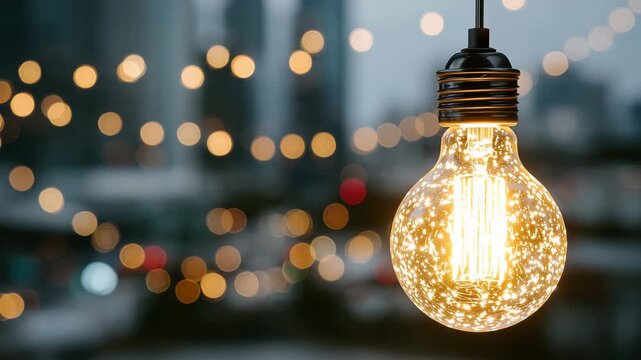 Extreme close-up of a retro tungsten bulb filament sparkling inside clear textured glass, warm orange glow illuminates micro details, dreamy bokeh lights surround the bulb, shallow