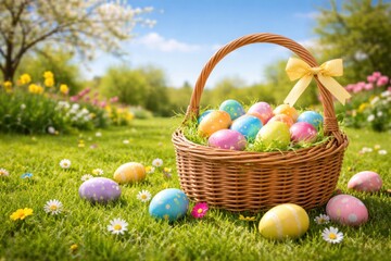 Easter basket filled with colorful eggs in a vibrant garden setting.