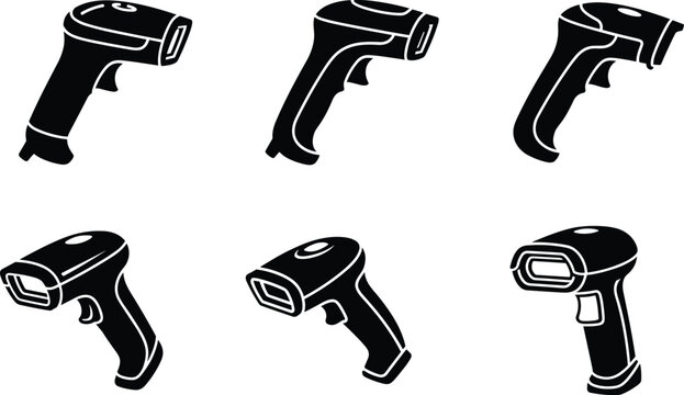 Black and white icons of handheld barcode scanners in various angles for retail, inventory, logistics, and technology design use