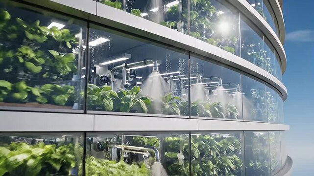 Viewing a modern curved glass tower with lush greenery on each floor