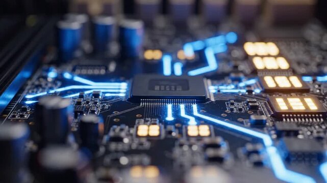 Close look at a circuit board showing chips and components in a high-tech environment with detailed connections
